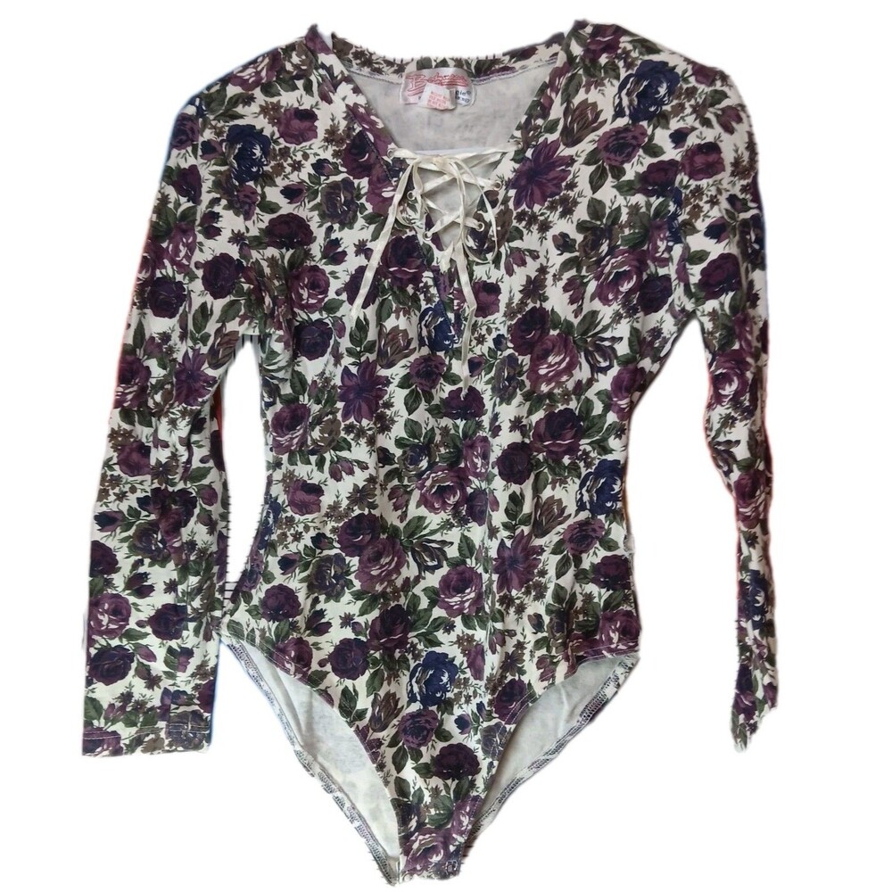 Vintage 90s Floral V Neck Long Sleeve Ribbon Lace Up Snap Bodysuit Classic Sz M